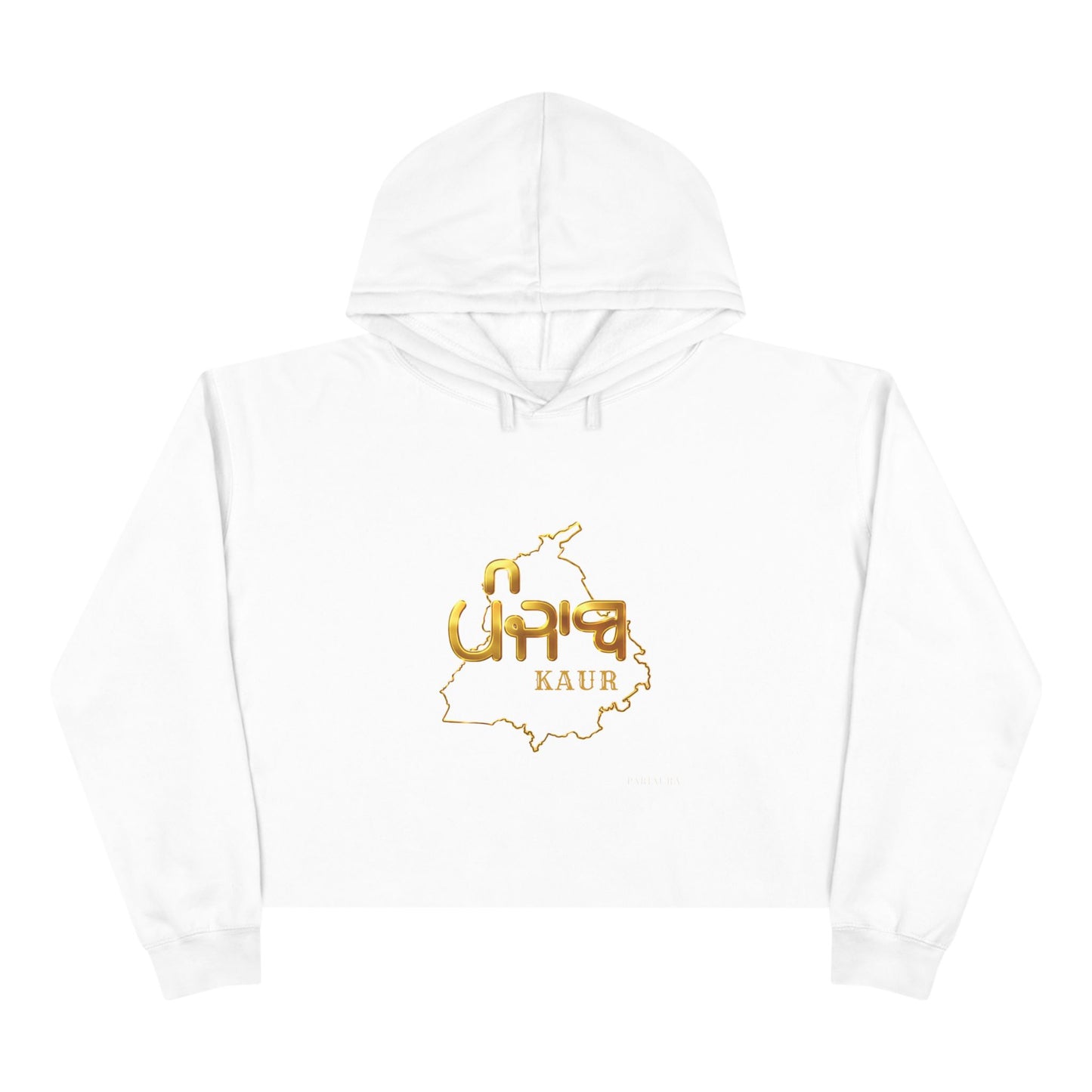 PARIAURA Punjabi Kaur Cropped Hoodie — Gold “KAUR” Punjab Map Design