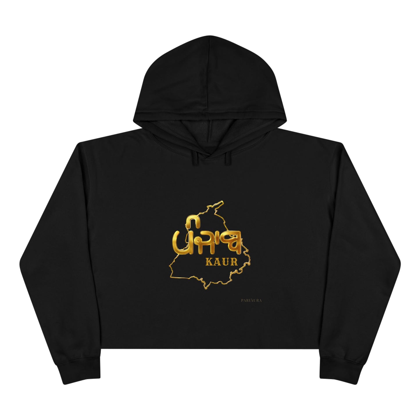 PARIAURA Punjabi Kaur Cropped Hoodie — Gold “KAUR” Punjab Map Design